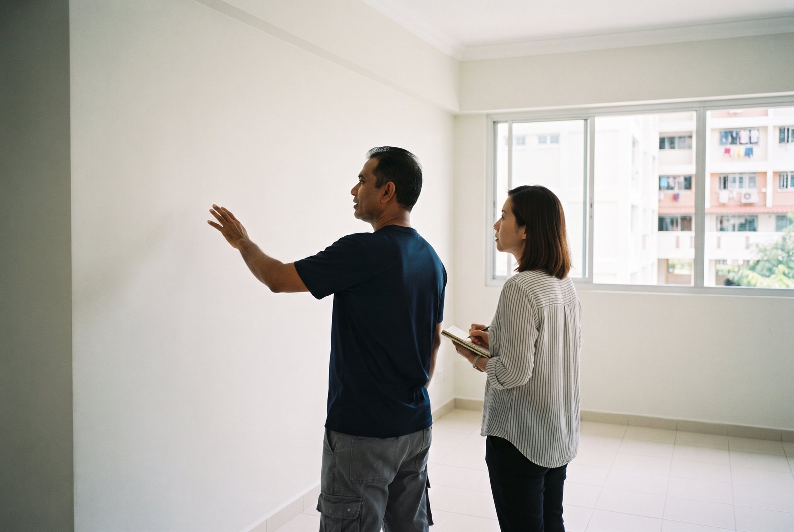 Painter and homeowner checking the finished paint job at handover