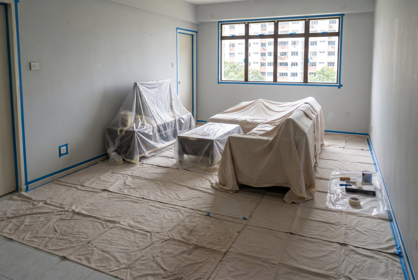 Furniture and floors covered before painting begins