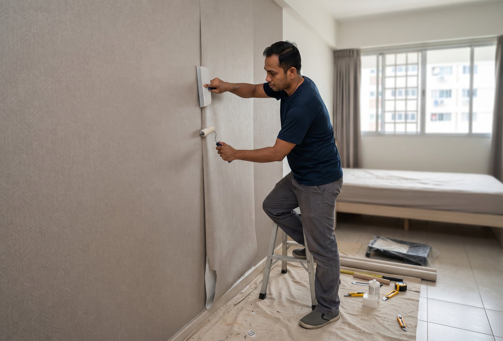 Wallpaper being installed on a bedroom wall